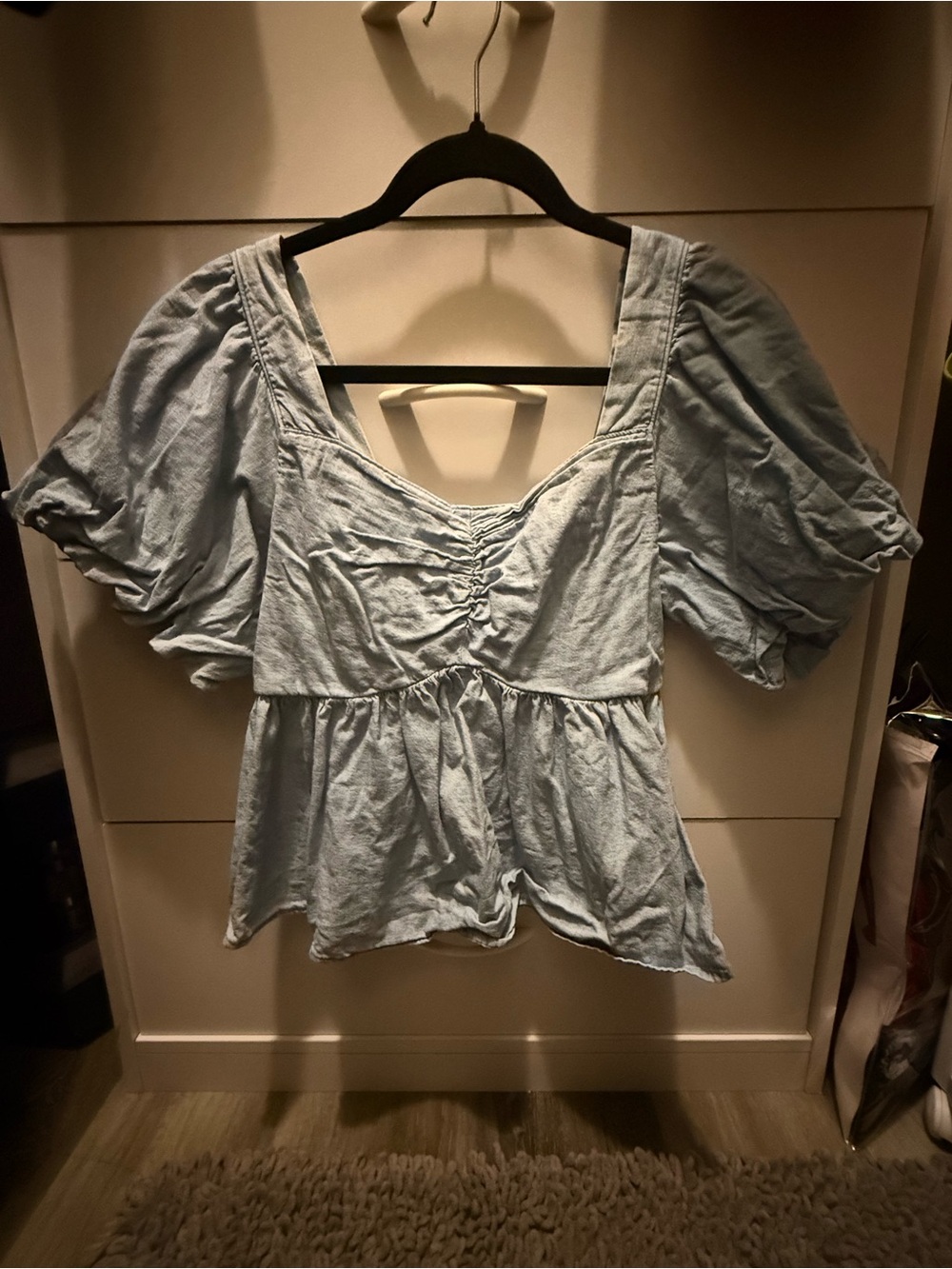 Old Navy Dusty Blue Square-Neck Puff-Sleeve Peplum Top